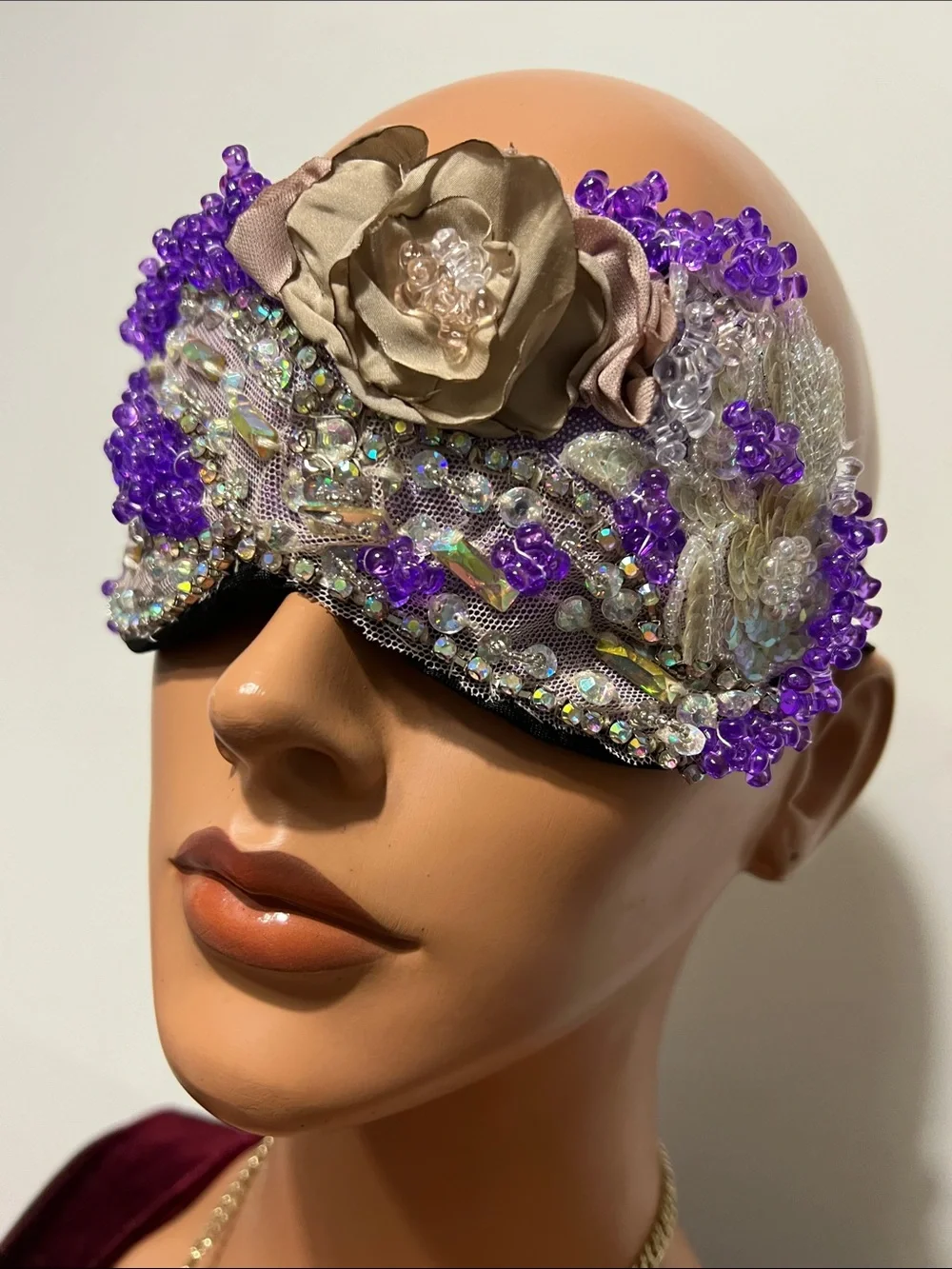 Purple Beaded Decorative Sleep Mask with Champagne Flower Accent